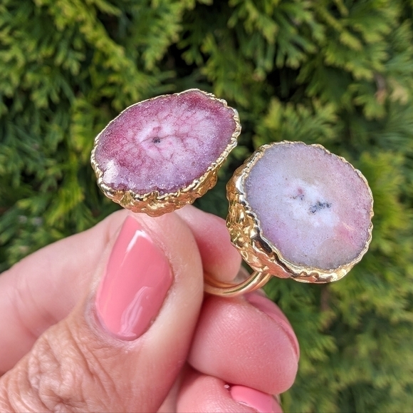 Artisan Handmade In Morocco Adjustable Boho Chic Double Geode Gold Ring Size 10 - Picture 4 of 8